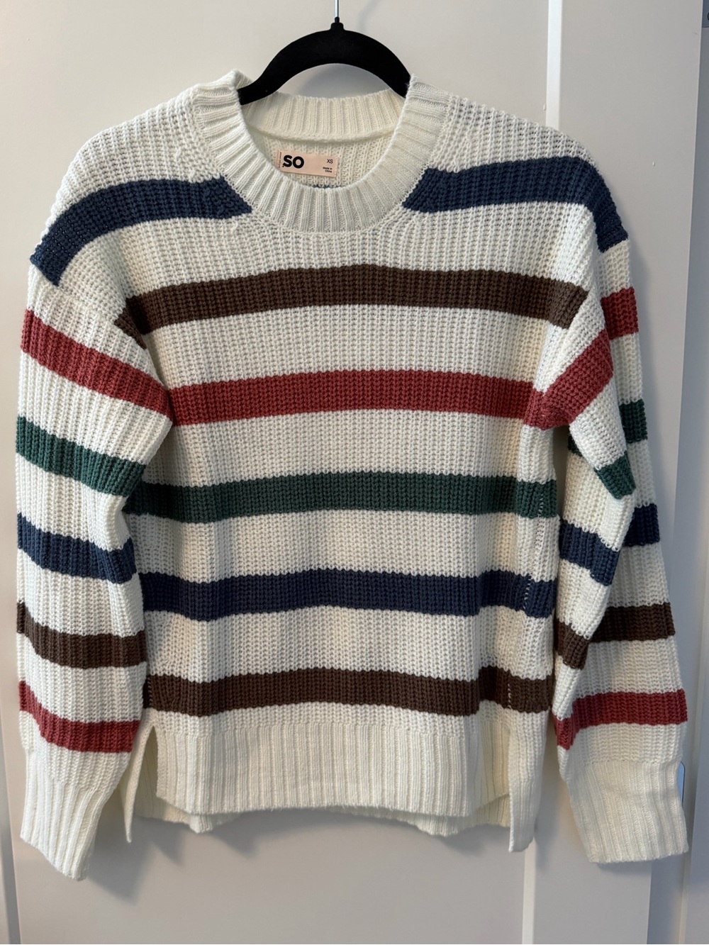 SO Ivory Crewneck Sweater with Navy, Brown, Red, and Green Stripes